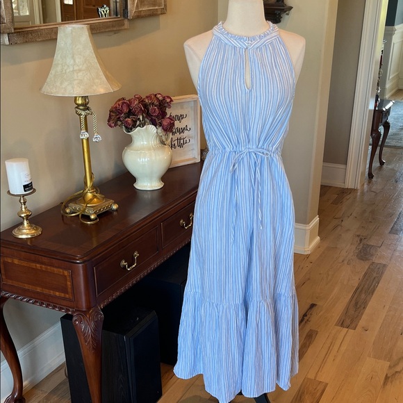Dresses & Skirts - Midi Summer Dress Comfy Cinched Drawstring Waist with Pockets Blue Striped New